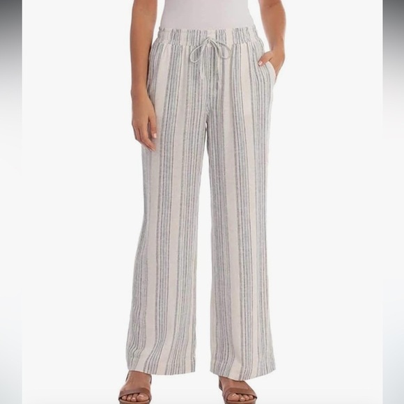 Briggs White with Blue Stripes Linen Blend Wide-Leg Pull on Pants - Picture 1 of 8